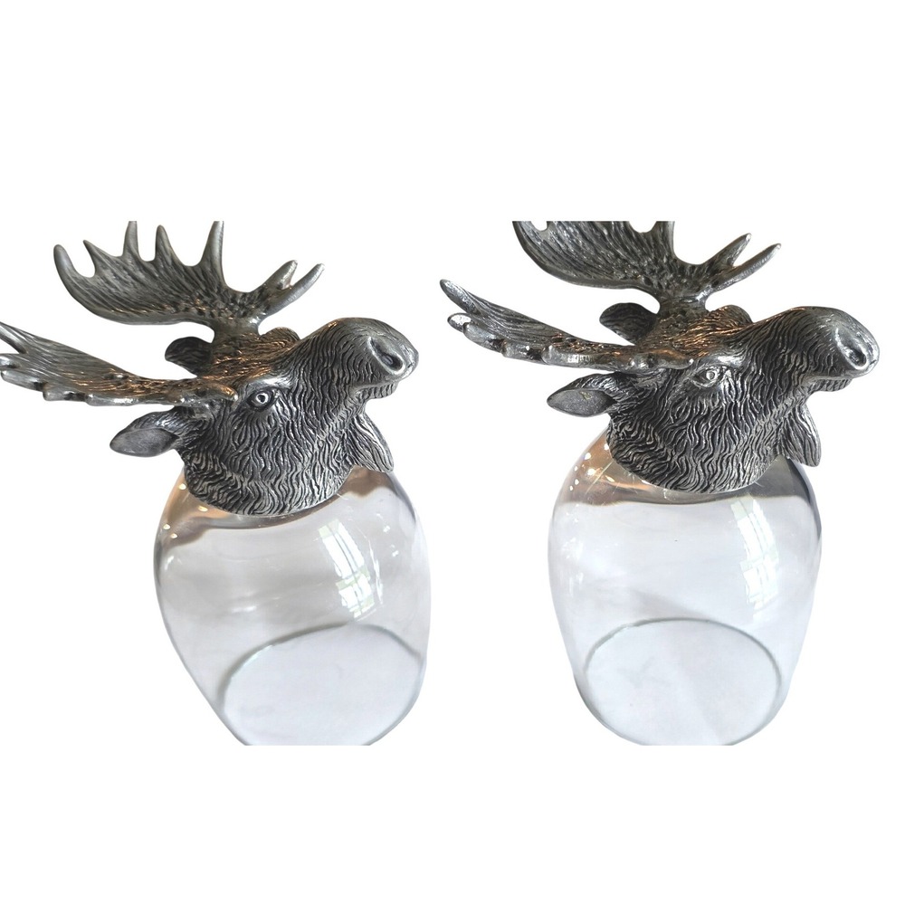 Shot Glass Set Moose Head Pewter Base Cabin Decor Silver Clear